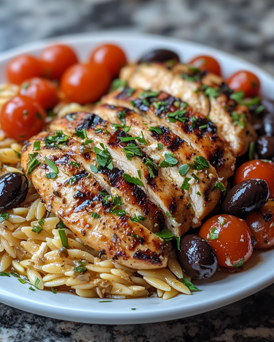 Greek Orzo with Olives and Grilled Chicken