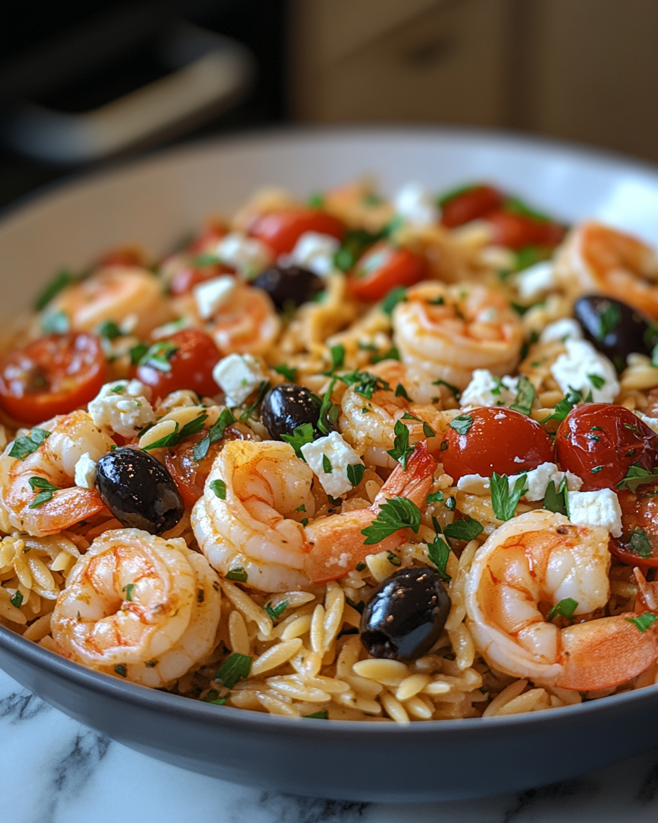 Mediterranean Shrimp Orzo Skillet