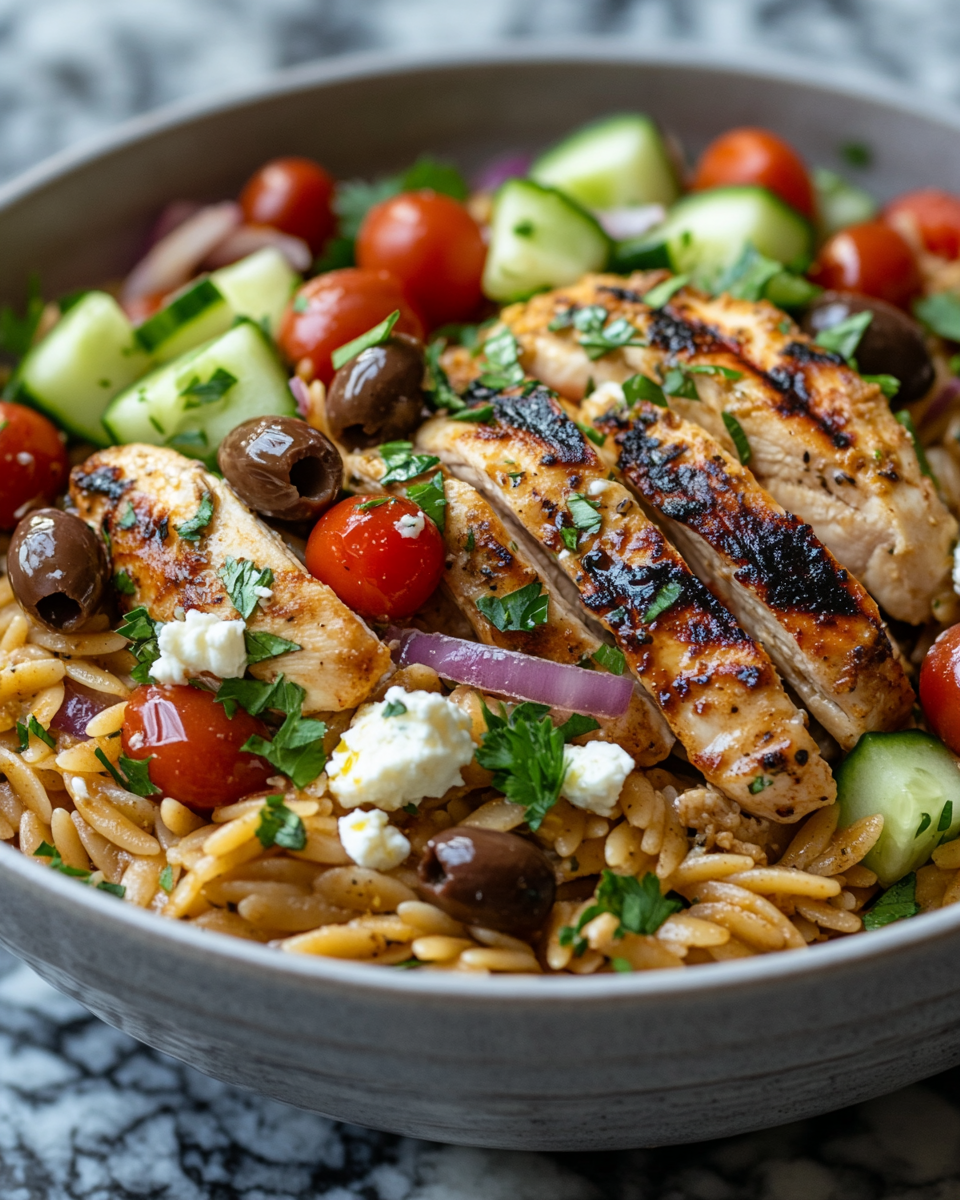 Greek Orzo with Olives and Grilled Chicken